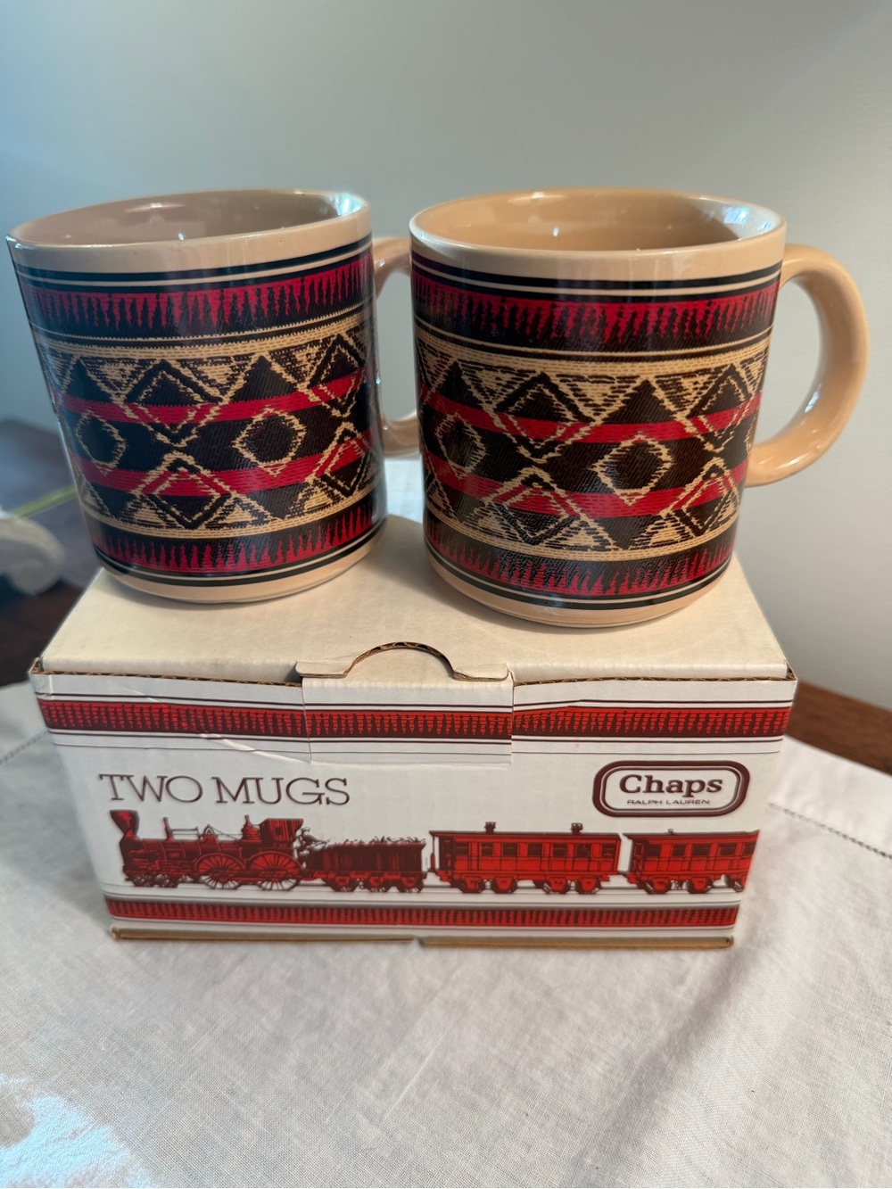 Pair 1990s Chaps Ralph Lauren American Heritage Ceramic Mugs in Original Box